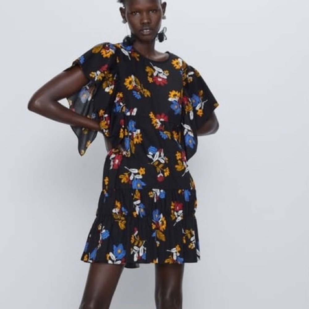 Zara Printed Poplin Dress black with multicolored flowers sz S